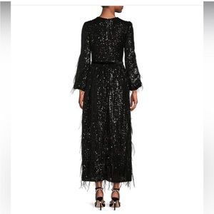 Antonio Melani Sequin Long Sleeve Belted Feathered A-Line Midi Dress
Black 
S4